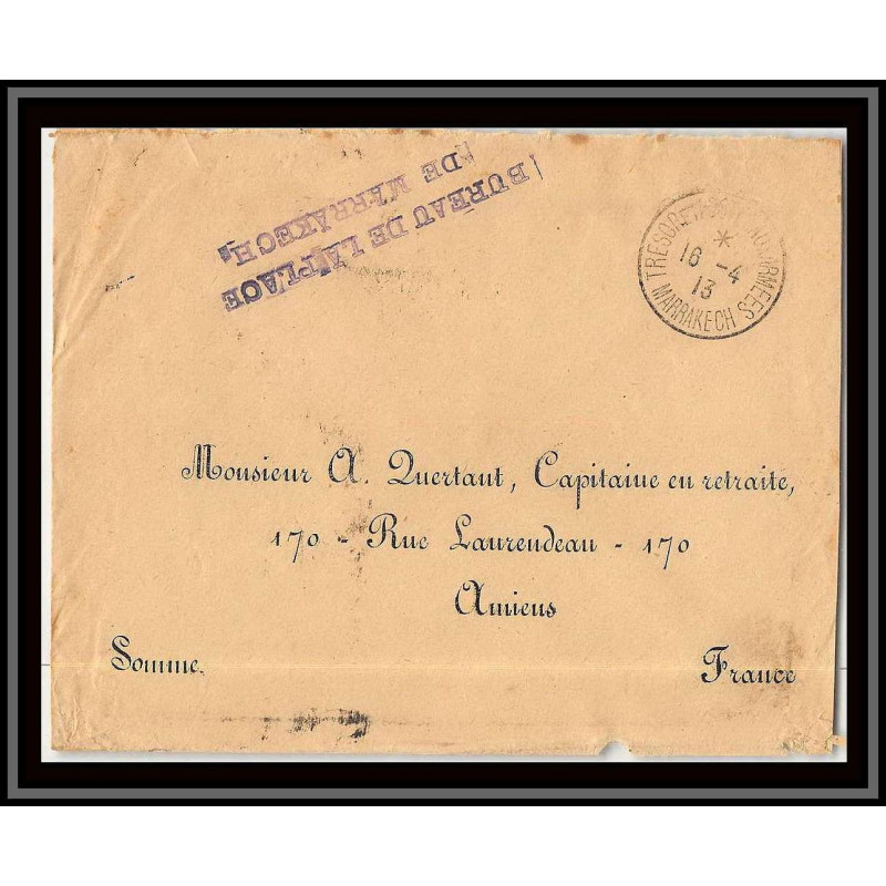 0470 Marrakech Commandant d'armes place de Marrakech 1913 Lettre cover occupation du maroc War