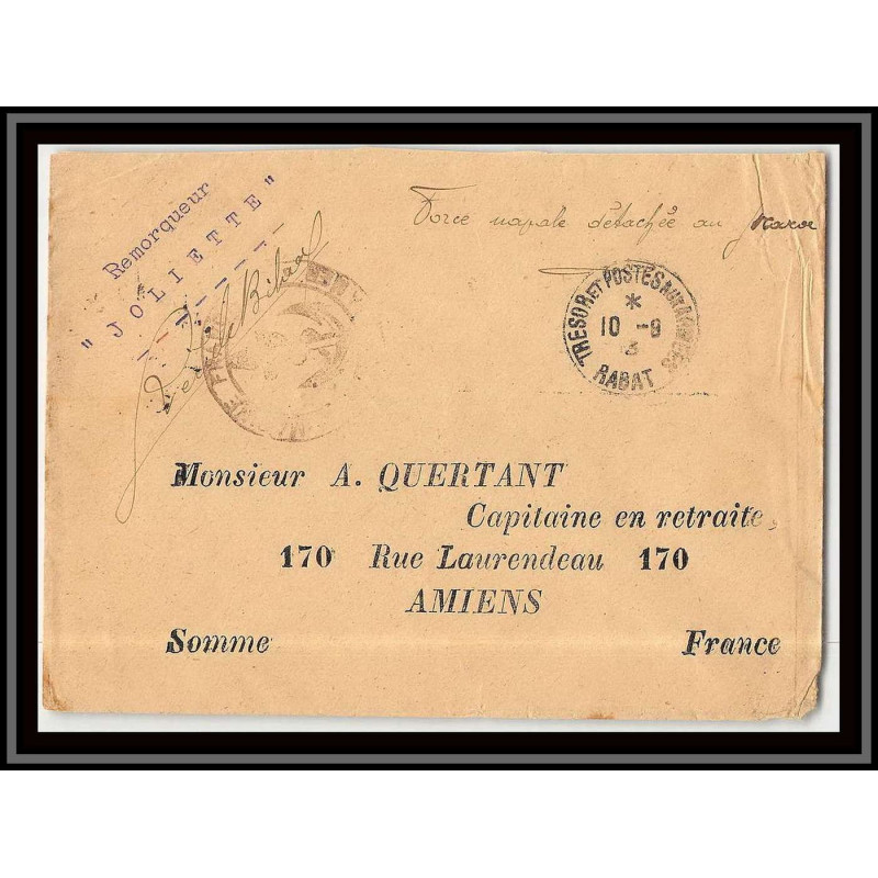 0483 division navale du maroc remorqueur joliette Rabat 1913 Lettre cover occupation du maroc War signé