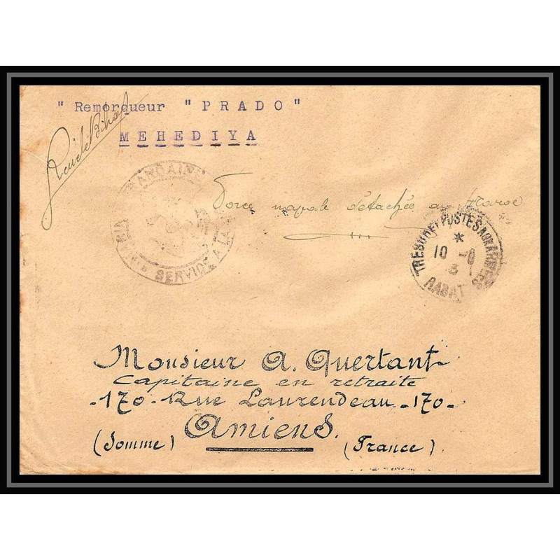 3824 division navale remorqueur Prado MEHEDIYA 1913 Lettre cover occupation du maroc War