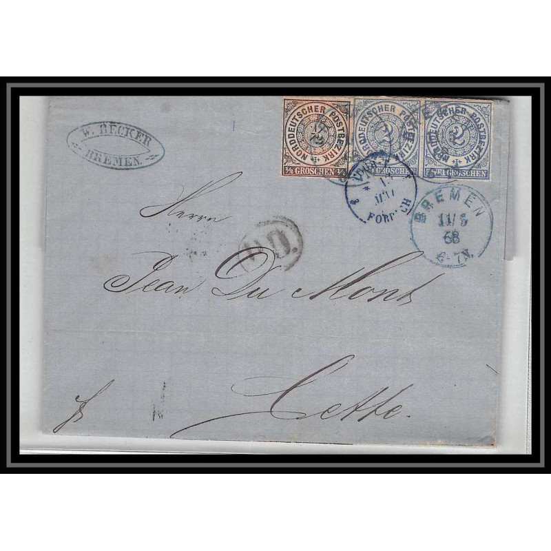 41055 Lettre LAC Allemagne (Deutschland) bremen par prusse forbach 1868 pour cette sète herault France 