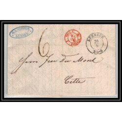 41076 Lettre LAC Allemagne Deutschland Luebeck tourt-3 forbach rouge 1867 cette herault France marque d'entree Vorlaufer
