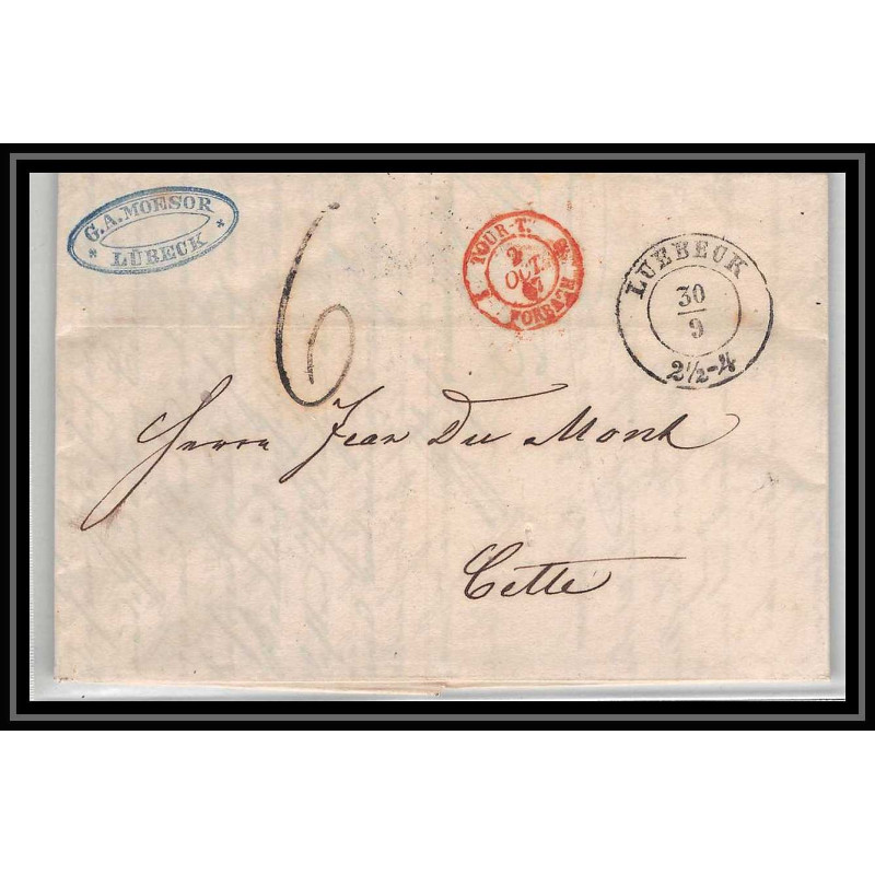41076 Lettre LAC Allemagne Deutschland Luebeck tourt-3 forbach rouge 1867 cette herault France marque d'entree Vorlaufer