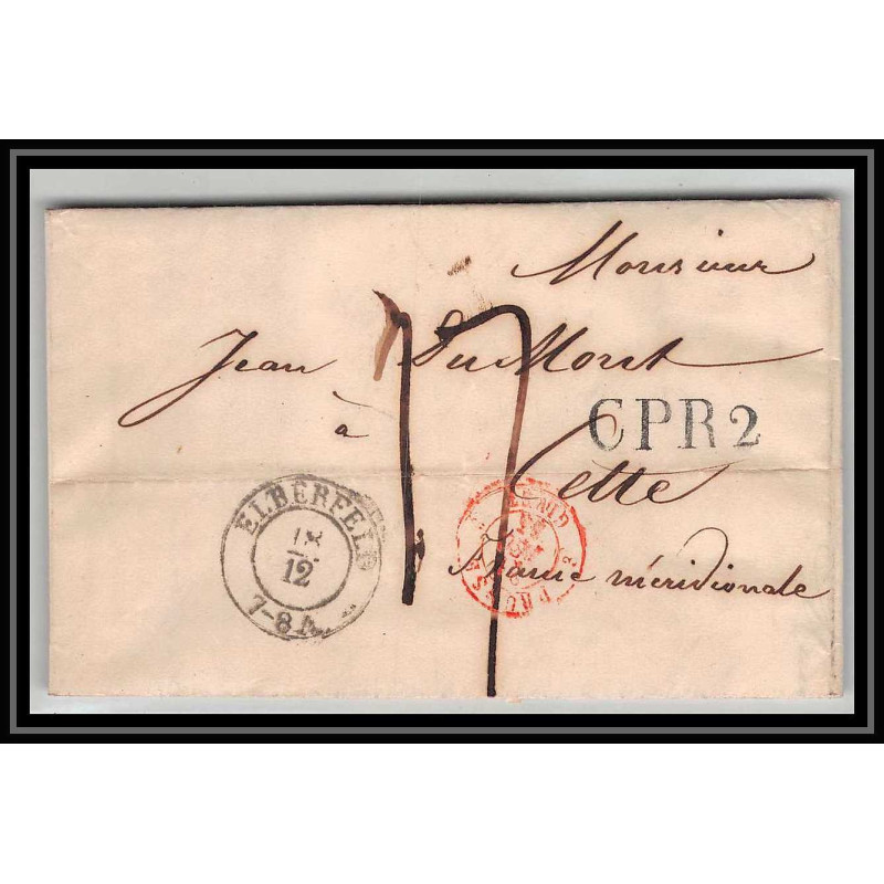 41084 Lettre LAC Allemagne Deutschland Elberfeld CPR2 prusse givet 1845 cette herault France marque d'entree Vorlaufer