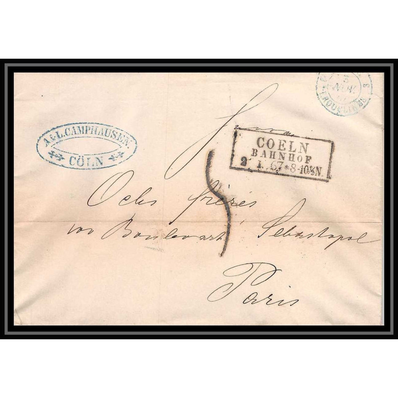41108 Lettre LAC Allemagne Deutschland Coeln cologne prusse erquelines 3 bleu 1847 paris France marque entree Vorlaufer