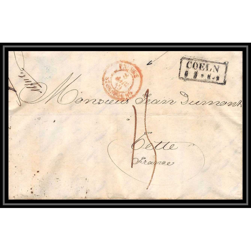 41112 Lettre LAC Allemagne Deutschland Coeln cologne 1849 convoyeur cette herault France marque d'entree Vorlaufer