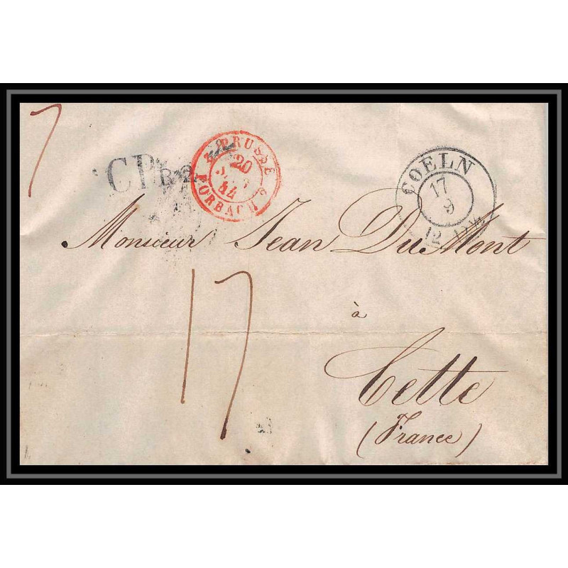 41118 Lettre LAC Allemagne Deutschland Coeln cologne prusse forbach 1844 CPR2 cette herault France marque d'entree