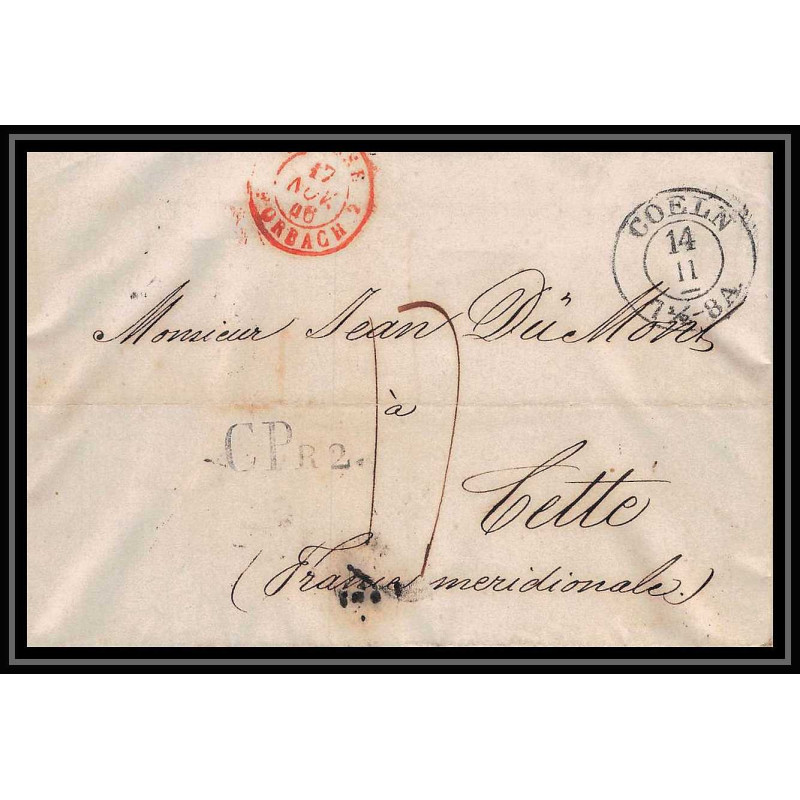 41123 Lettre LAC Allemagne Deutschland Coeln prusse forbach 1846 CPR2 cette herault France marque d'entree Vorlaufer