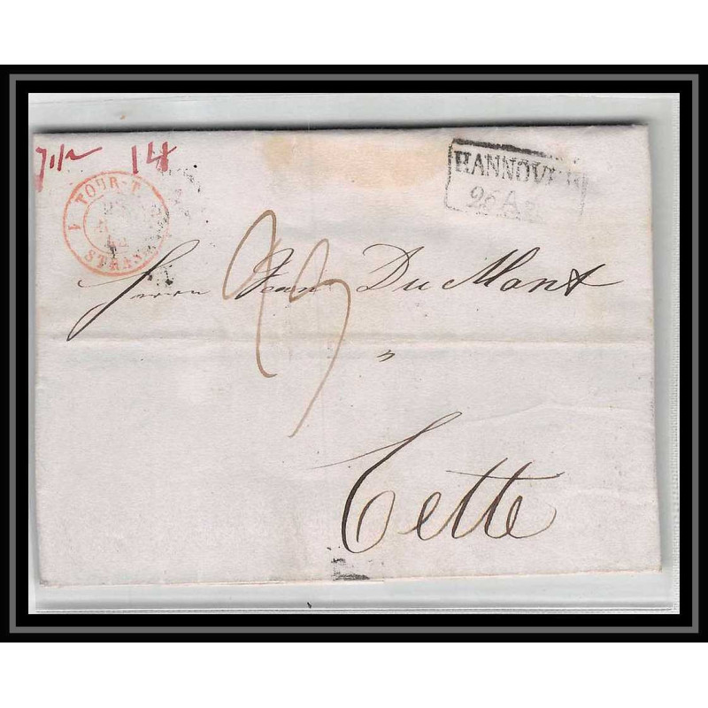 41129 Lettre LAC Allemagne Deutschland hannover tour t strasbourg 1844 cette herault France marque d'entree Vorlaufer