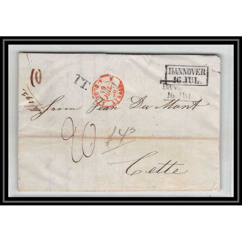 41130 Lettre LAC Allemagne Deutschland hannover TT tour t strasbourg 1846 cette herault France marque d'entree Vorlaufer