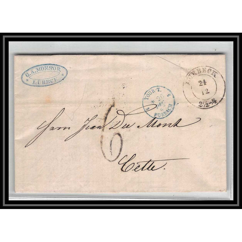 41141 Lettre LAC Allemagne Deutschland Lubeck TT tour t forbach 1867 cette herault France marque d'entree Vorlaufer