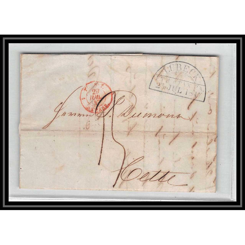 41159 Lettre LAC Allemagne Deutschland Lubeck tour T strasbourg 1847 cette herault France marque d'entree Vorlaufer