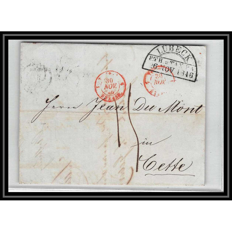 41160 Lettre LAC Allemagne Deutschland Lubeck tour T strasbourg 1846 cette herault France marque d'entree Vorlaufer