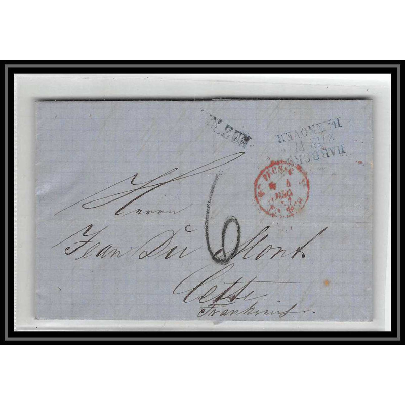 41169 Lettre LAC Allemagne Deutschland harburg 2/12 w hannover 1867 prusse forbach cette herault France marque d'entree