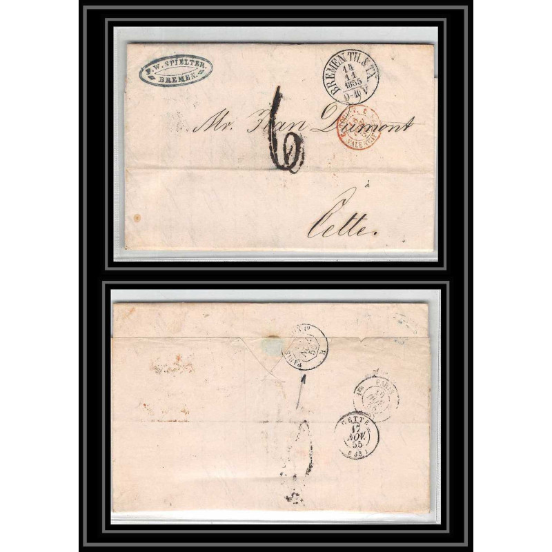 41257 Lettre LAC Allemagne Deutschland Bremen Tour-T VALENCIENNES 1855 cette herault France marque d'entree Vorlaufer