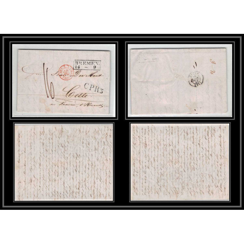 41265 Lettre LAC Allemagne Deutschland Bremen Tour-T VALENCIENNES CPR3 1845 cette herault France marque d'entree