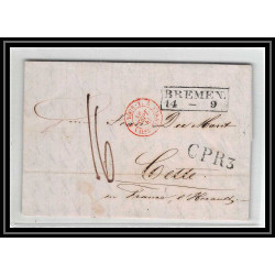 41265 Lettre LAC Allemagne Deutschland Bremen Tour-T VALENCIENNES CPR3 1845 cette herault France marque d'entree