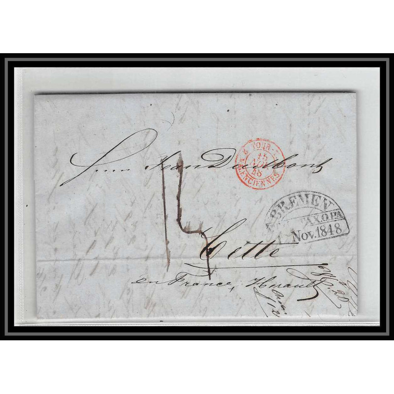 41291 Lettre LAC Allemagne Deutschland Bremen Tour-T VALENCIENNES CPR3 1848 cette route clermont France marque d'entree
