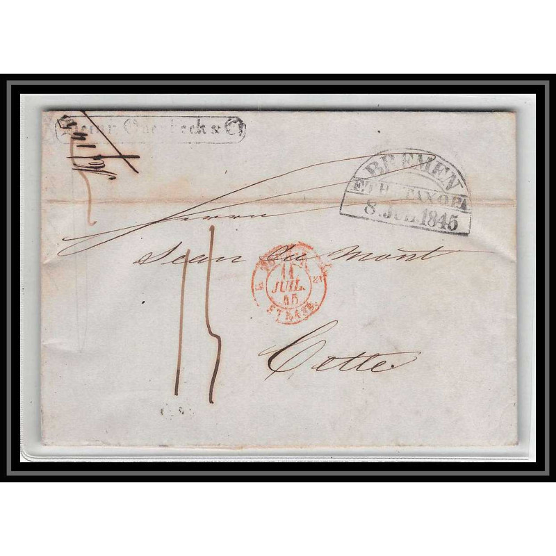 41306 Lettre LAC Allemagne Deutschland Bremen Tour-T strasbourg 1845 cette herault France marque d'entree Vorlaufer