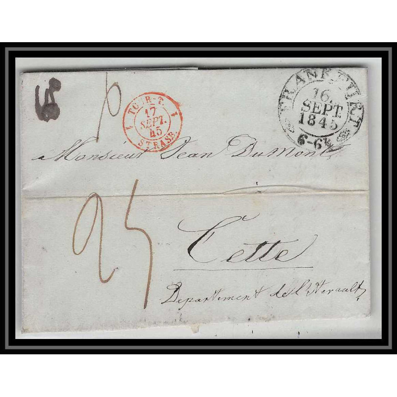 41315 Lettre LAC Allemagne Deutschland Frankfurt Tour-T strasbourg 1845 cette herault France marque d'entree Vorlaufer