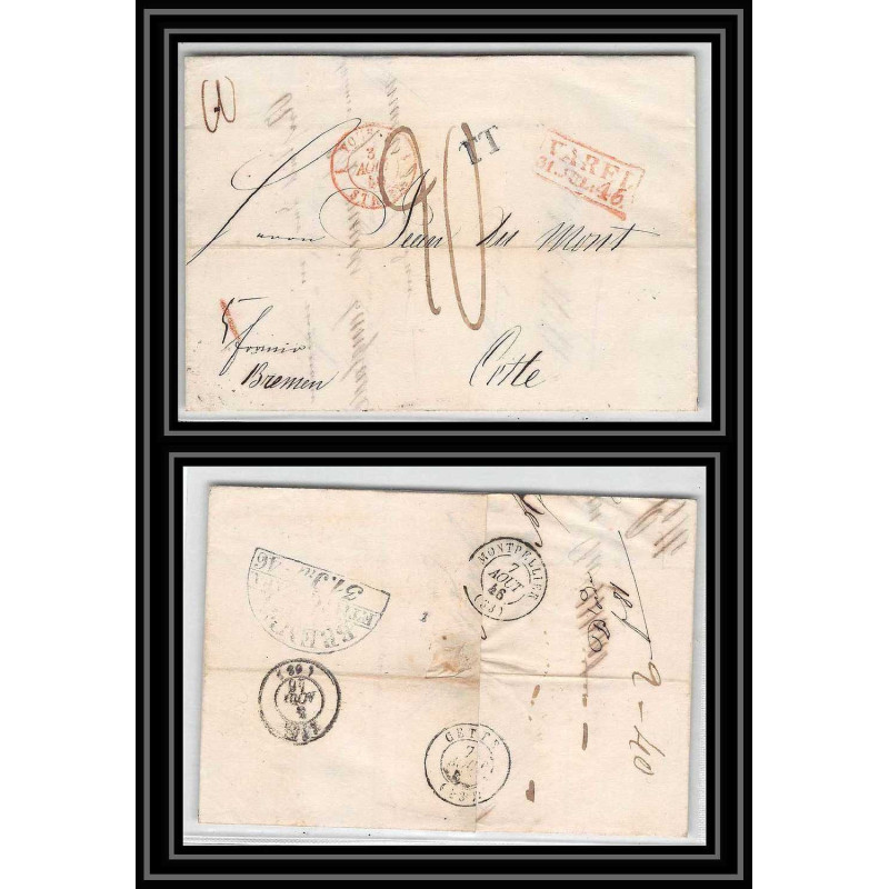 41331 Lettre LAC Allemagne Deutschland Varel Bremen TT Tour-T strasbourg 1846 cette herault France marque d'entree