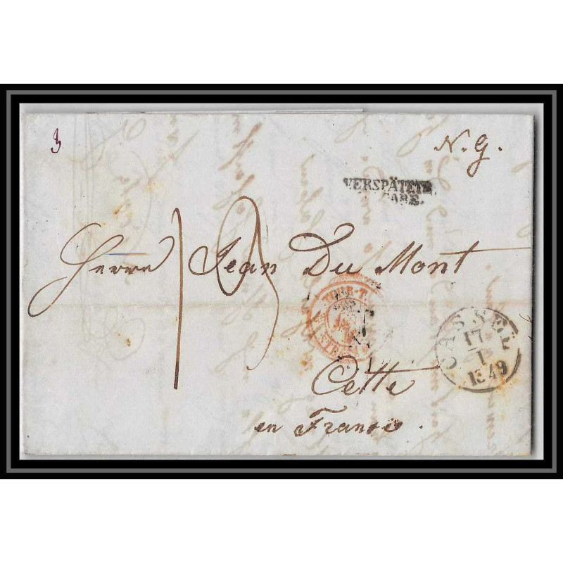41373 Lettre LAC Allemagne Deutschland Cassel gare Tour-T strasbourg 1849 cette herault France marque d'entree Vorlaufer