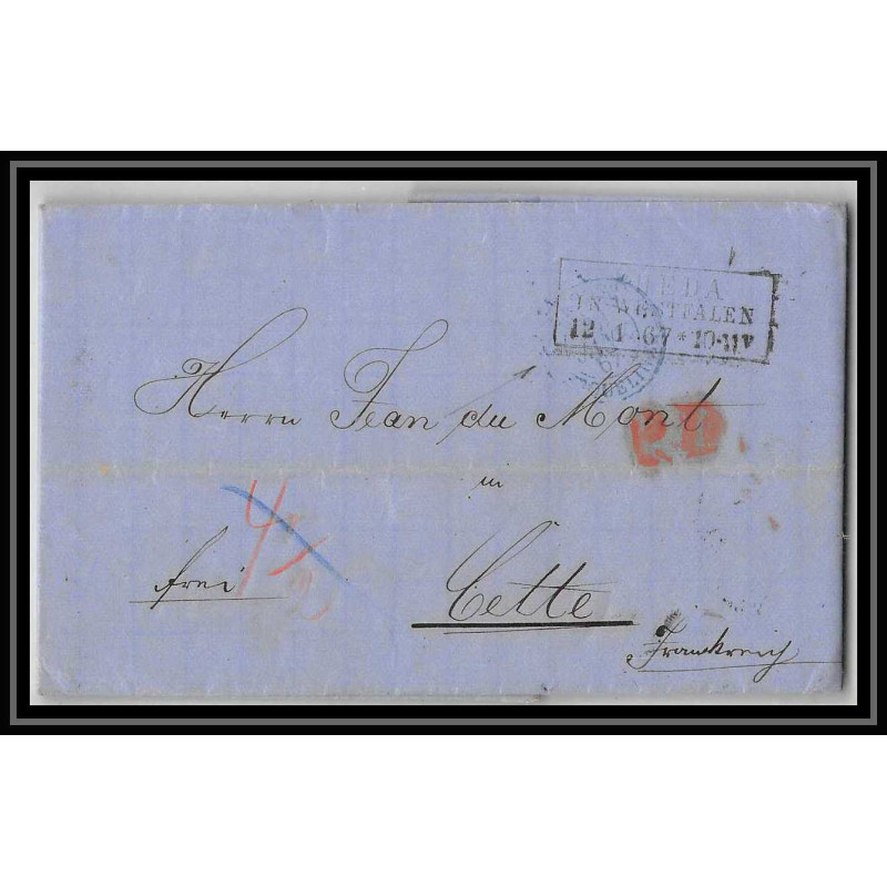 41375 Lettre LAC Allemagne Deutschland Rheda prusse Erquelines 1867 cette herault France marque d'entree Vorlaufer