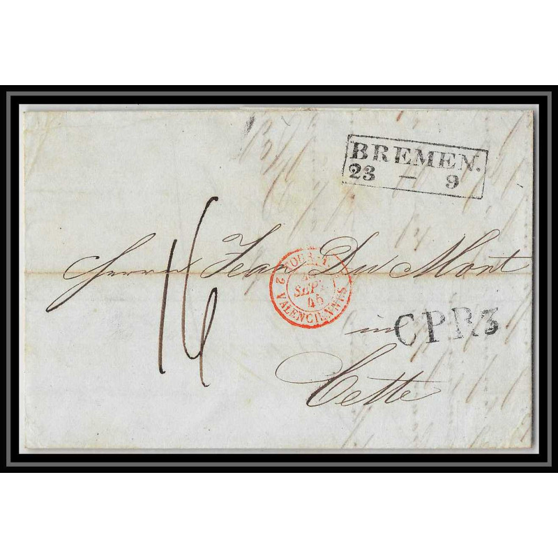 41386 Lettre LAC Allemagne Deutschland bremen CPR3 Tour-T VALENCIENNES 1845 cette France marque d'entree Vorlaufer