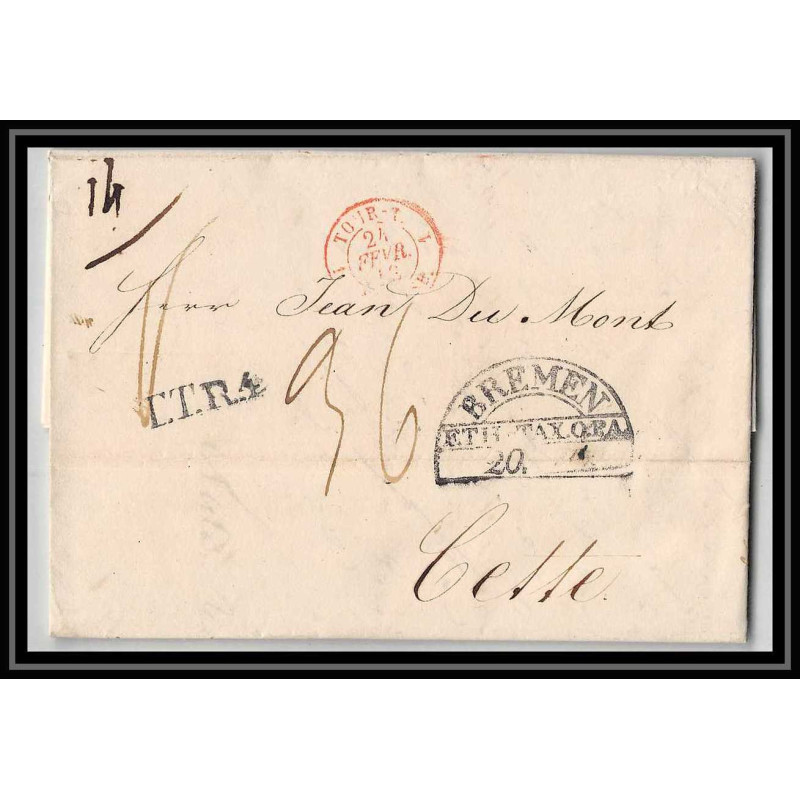 41387 Lettre LAC Allemagne Deutschland Tour-T bremen TTR4 1843 cette herault France marque d'entree Vorlaufer
