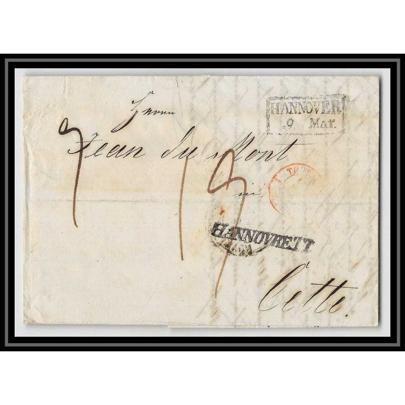 41393 Lettre LAC Allemagne Deutschland HANNOVRE TT Tour-T strasbourg 1843 cette herault France marque d'entree Vorlaufer