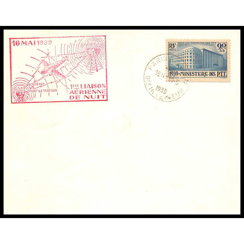 41450 N°424 PTT 1ére liaison aérienne de nuit PARIS/ PAU 1939 Poste aérienne airmail Lettre cover