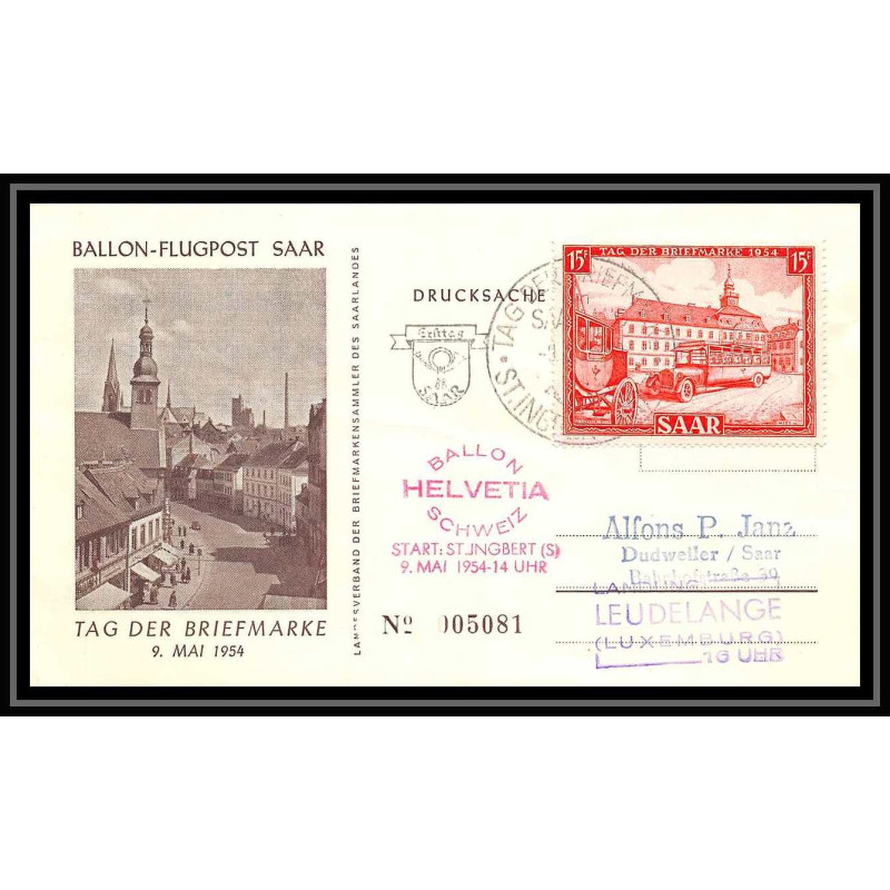 41666 Ballon-Flugpost SAAR Karte 1954 Allemagne (germany) saar Aviation PA Poste aérienne airmail Lettre cover