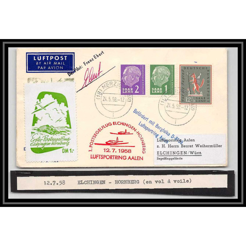 41667 vol à voile 1958 signé signed pilot franz ebert Allemagne germany saar Aviation airmail Lettre cover