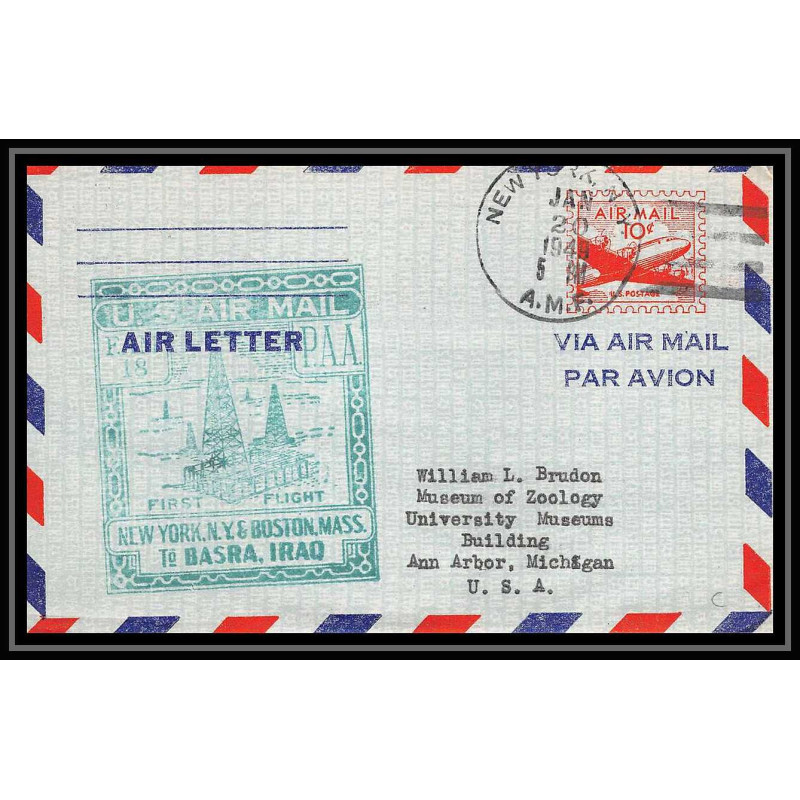 0839 lettre USA Aviation premier vol Airmail cover first flight aeroplane 1941 New York BASRA IRAQ