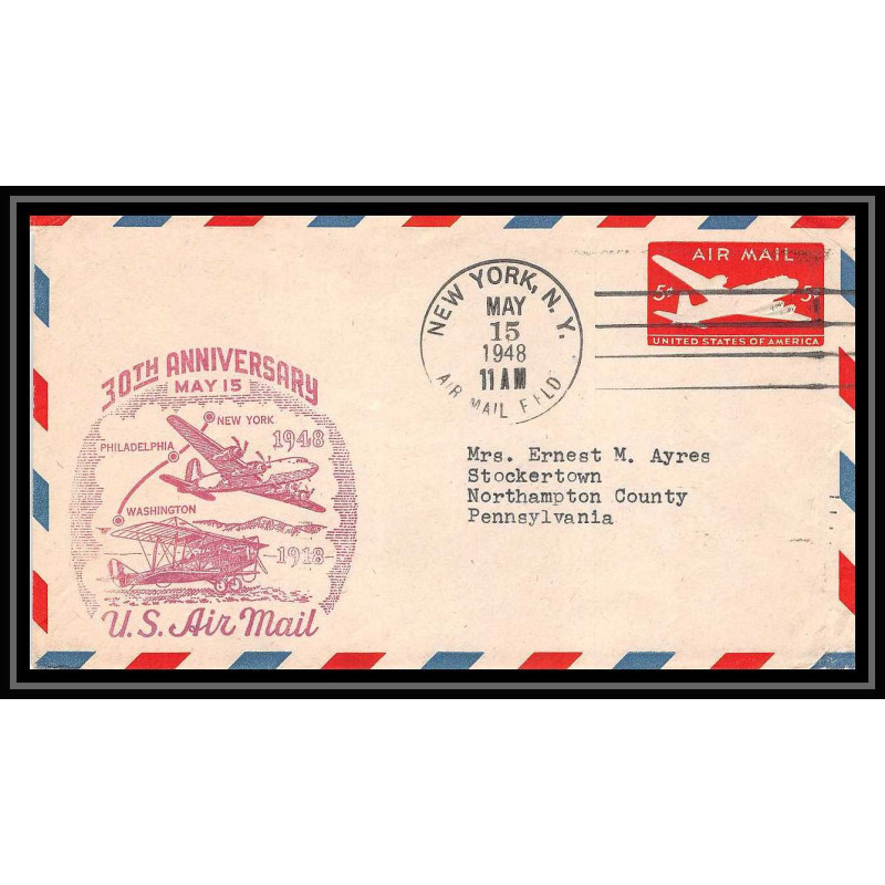 0847b lettre USA Aviation premier vol Airmail cover first flight aeroplane 1948 30th anniversary us air mail
