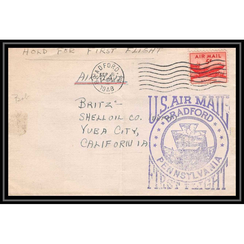0850 lettre USA Aviation premier vol Airmail cover first flight aeroplane 1948 Bradford, Pennsylvania