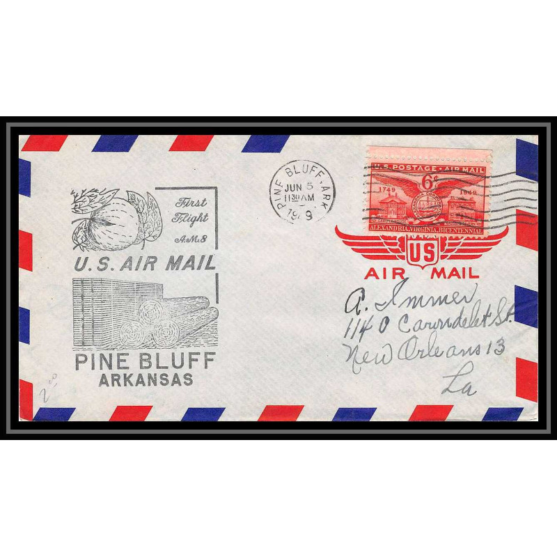 0852 lettre USA Aviation premier vol Airmail cover first flight aeroplane 1949 Pine Bluff, Arkansas am 8