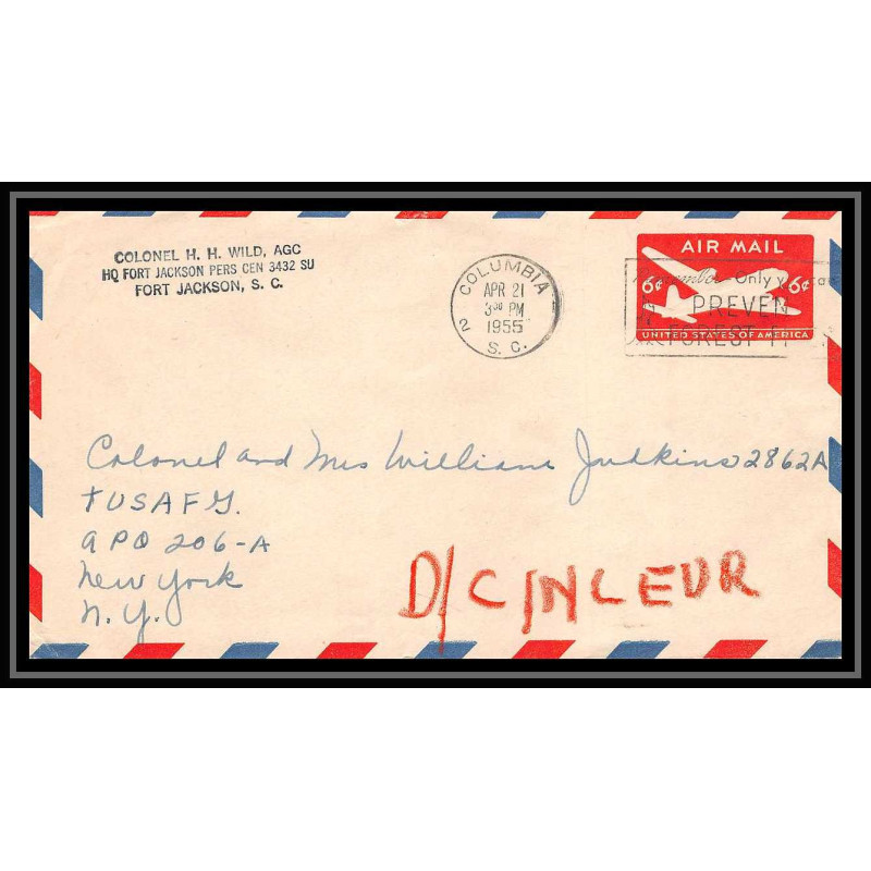 0855 lettre USA Aviation premier vol Airmail cover first flight aeroplane 1955 Columbia colonel wild fort jackson