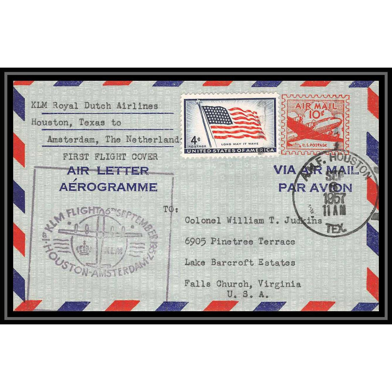 0857 lettre USA Aviation premier vol Airmail cover first flight aeroplane 1957 aerogramme klm flights to falls 