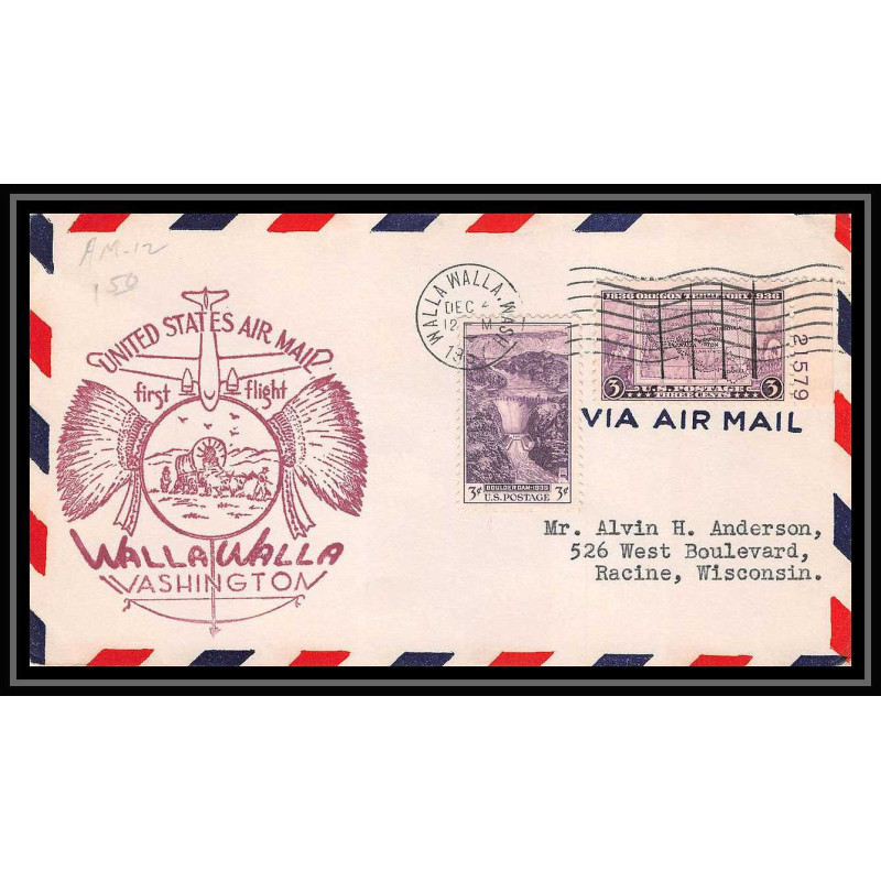 0858 lettre USA Aviation premier vol Airmail cover first flight aeroplane 1957 Walla Walla, Washington am 12