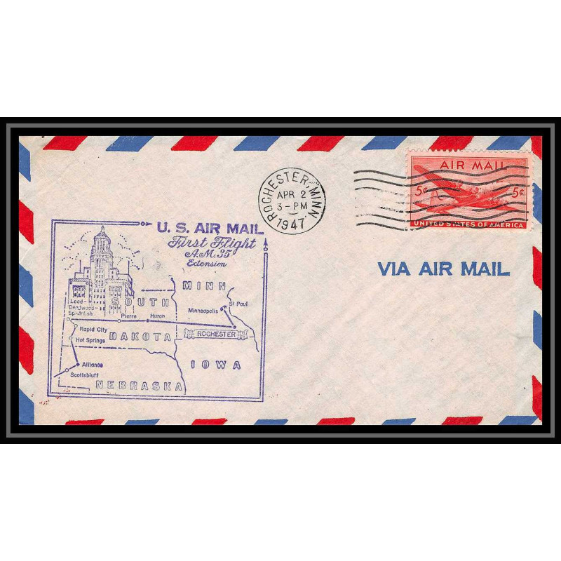0859 lettre USA Aviation premier vol Airmail cover first flight aeroplane 1947 Rochester (Minnesota) am 35