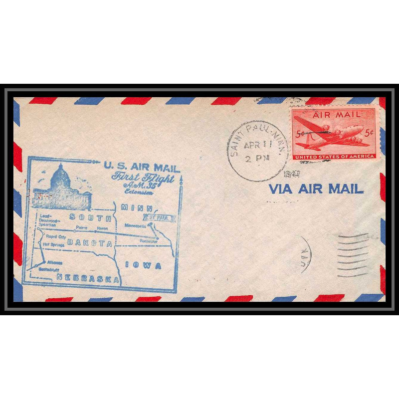0860 lettre USA Aviation premier vol Airmail cover first flight aeroplane 1947 Saint Paul (Minnesota) am 35