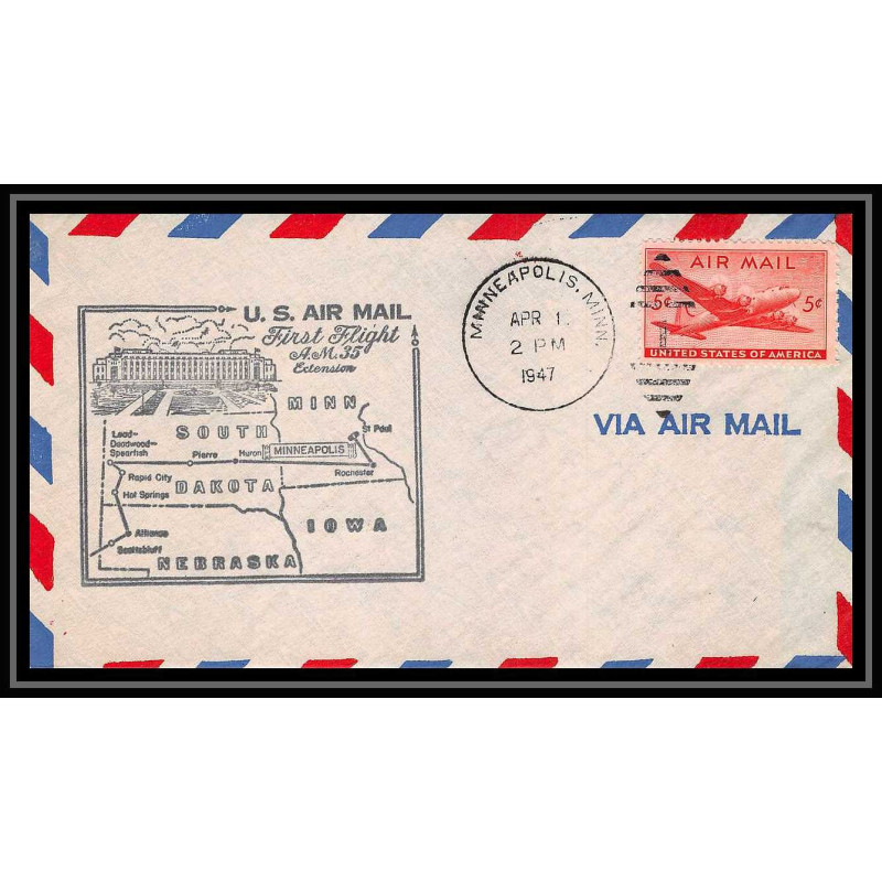 0861 lettre USA Aviation premier vol Airmail cover first flight aeroplane 1947 Minneapolis Minnesota am 35