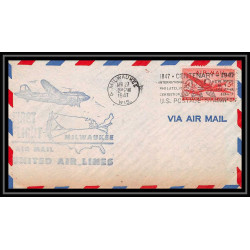 0863 lettre USA Aviation premier vol Airmail cover first flight aeroplane 1947 Milwaukee united airlines
