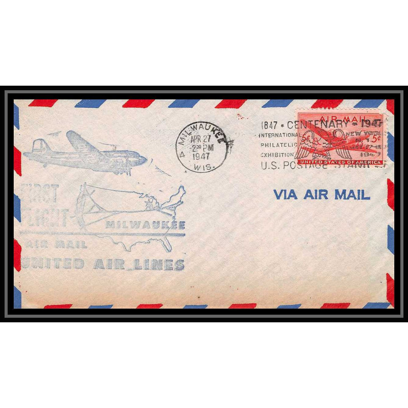 0863 lettre USA Aviation premier vol Airmail cover first flight aeroplane 1947 Milwaukee united airlines