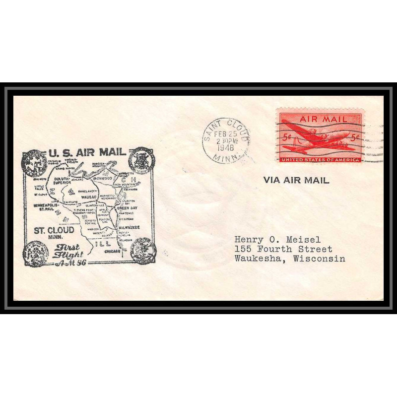 0865 lettre USA Aviation premier vol Airmail cover first flight aeroplane 1948 Saint Cloud (Minnesota) am 86