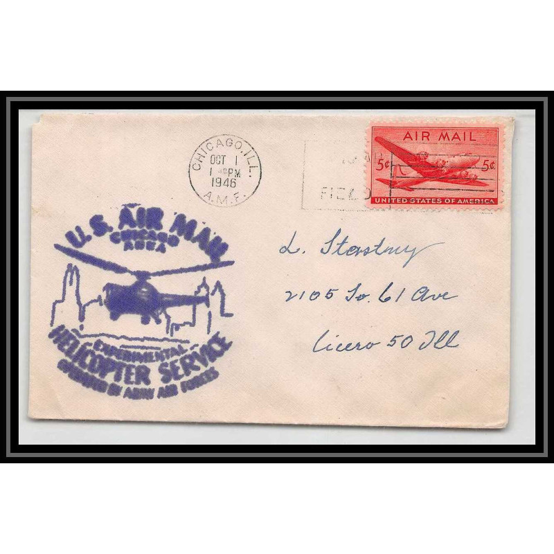 0870 Lettre USA Hélicoptère helicopter Aviation premier vol Airmail cover first flight aeroplane 1946 Chicago