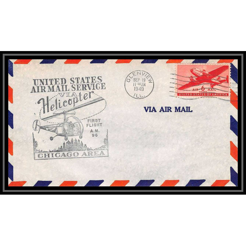 0895 Lettre USA Hélicoptère helicopter Aviation premier vol (Airmail cover first flight) 1949 Glenview AM 96