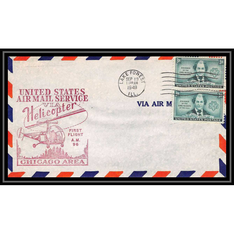 0909 Lettre USA Hélicoptère helicopter Aviation premier vol (Airmail cover first flight) 1949 Lake Forest AM 96