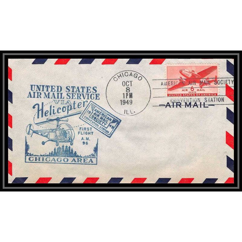 0910 Lettre USA Hélicoptère helicopter Aviation premier vol (Airmail cover first flight) 1949 Chicago AM 96