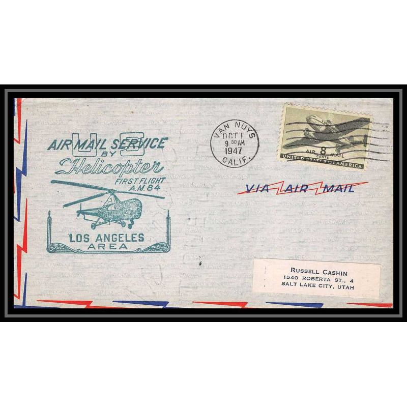 0934 Lettre USA Hélicoptère helicopter Aviation premier vol (Airmail cover first flight) 1947 Van Nuys AM 84
